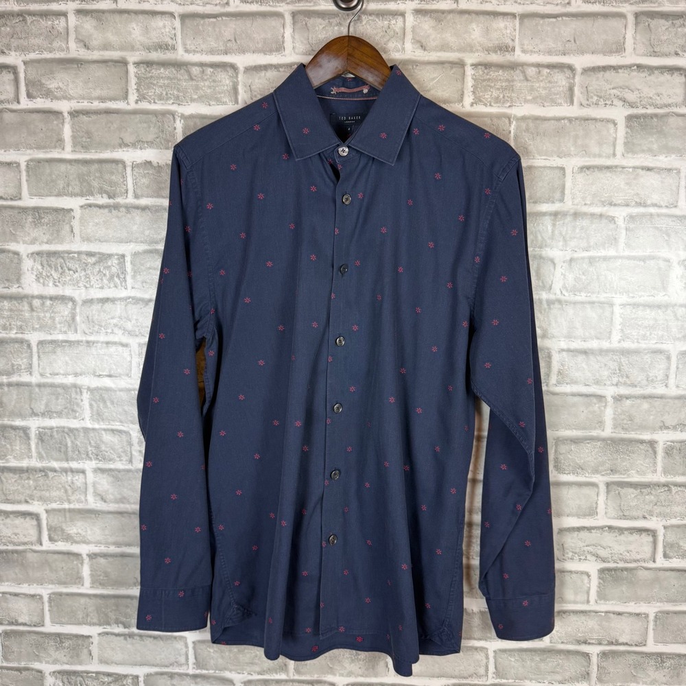 Ted Baker London Mens Navy Blue Red Micro Floral Print Button Down Shirt Size 4